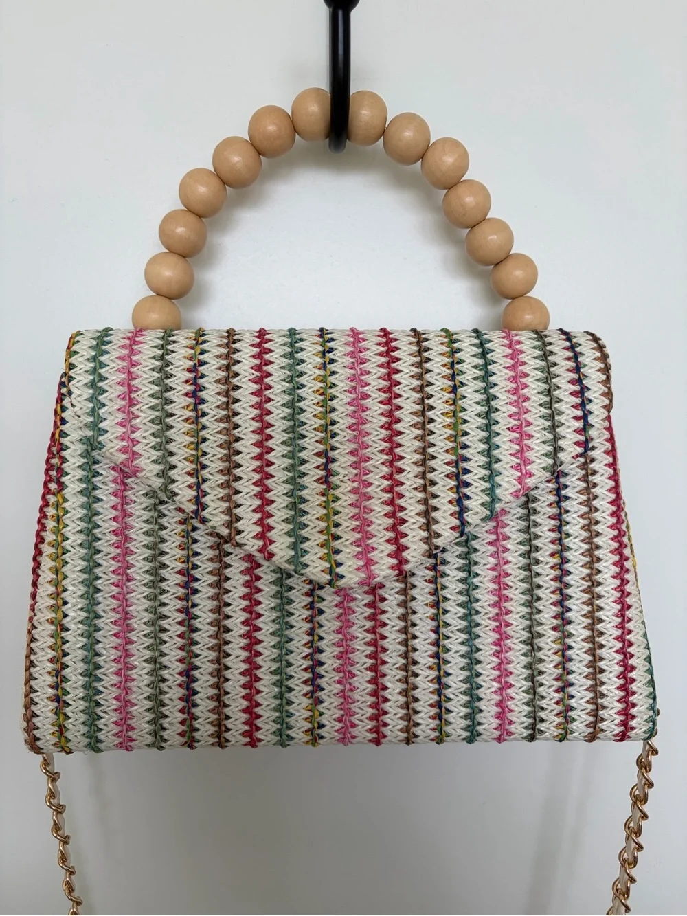 Woven Multicolor Bead-Handle Crossbody Bag - Picture 2 of 4
